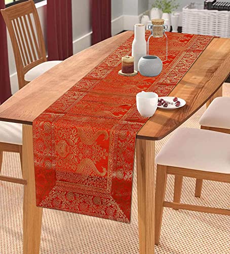 Image of Red Table Runner Room Decor Silk Brocade Jacquard Long Runner Table Cloth 4 & 6 Seater Dinning Table (16 Inches X 60 Inches)