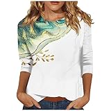 T-Shirts Frauen 3/4 Ärmel Overzised Festliches Blusentop Stil Outdoor Crewneck Bluse for Female Print Leichte Eleganter Pullover Faschingskostüme Teufel Stehkragen Oberteil Weiß S