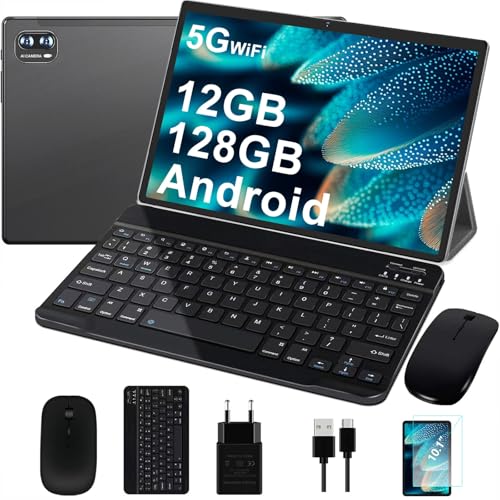 Dghrti Tablet Android, 12GB RAM, 128GB ROM (expandable up to 1TB), 8000mAh, Widevine L1, BT5.0, with Mouse,Protective cover - Black