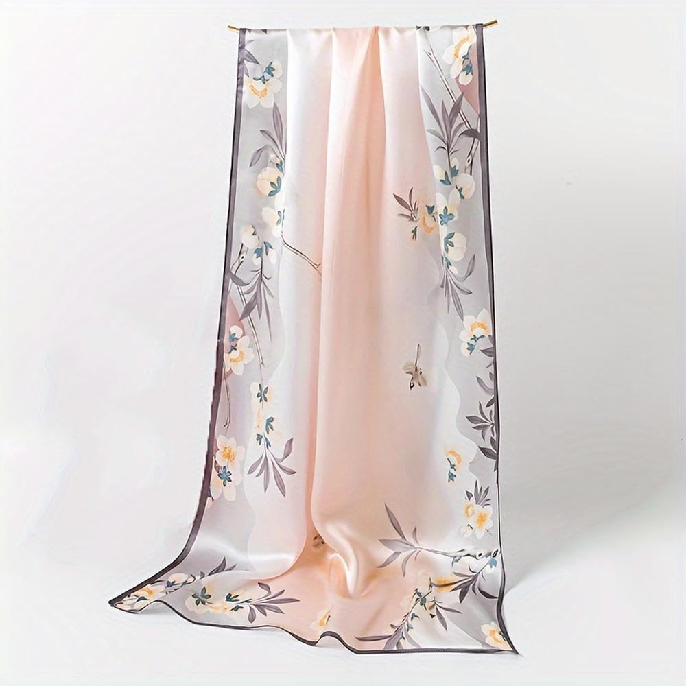 SYJYM - Elegante Bufanda de Seda Rosa Claro para Mujer, Seda Morera, diseño Vintage de pájaros y Flores, Chal Transpirable
