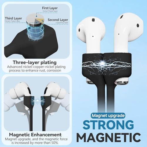 Image of OJOS Ultra Strong Magnetic Anti-Lost Straps Compatible with AirPods, Soft Silicone Sports Compatible with AirPods 4rd / Pro 1st & 2nd / 3rd /1&2, Neck Rope Cord- Black