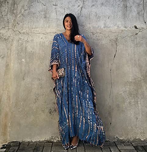 Saída de praia feminina de rayon plus size, casual, gola V, túnica longa, A azul-marinho, GG