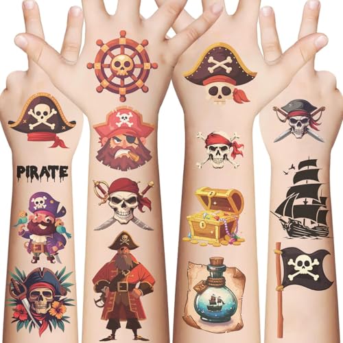 96PCS Pirate Ship Nautical Pre-Cut Temporary Tattoos for Adult Super Cute Theme Birthday Party Favors Decorations Mermaid Treasure Fake Tattoo Stickers Party Supplies Decoration(Pirate)