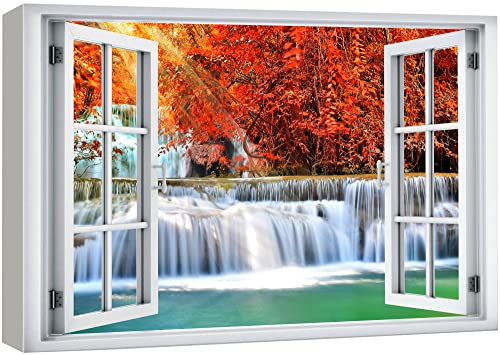 wall26 Canvas Print Wall Art Window View Autumn Orange Leaf