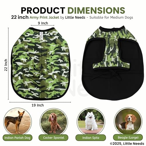 Image of Dog Jacket for Winter (Army Print, 22 Inch) | Camouflage Design, Waterproof & Windproof Polyester Coat with Fleece, Adjustable Velcro Closure, Warm Vest for Cold Weather