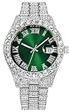 Men's Diamond Watch Fashion Crystal Rhinestone Quartz Analog Watch Iced-Out Bracelet Wrist Watch (Silver Green)