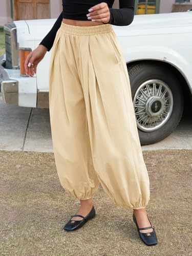 Image of Fisoew Womens Wide Leg Balloon Pants Casual Barrel Elastic Waist Pleated Baggy Workout Sweat Pants with Pockets