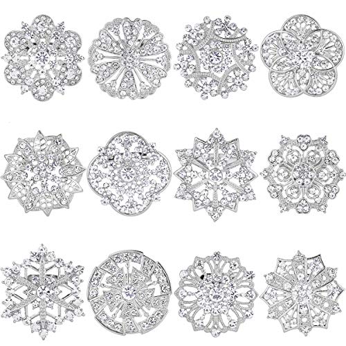 WeimanJewelry Silver/Gold Tone 12pcs Crystal Rhinestone Flower Brooch Pin Set for Women DIY Wedding Bouquets Kit (Silver)