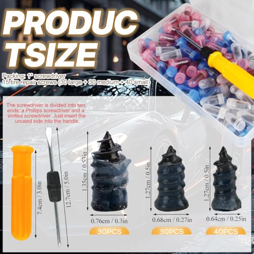 Image of Tire Plug Screws Kit Tire Repair Rubber Studs with Screwdriver 3 Size Mending Nail Plugs Tyre Repair 100 Pieces
