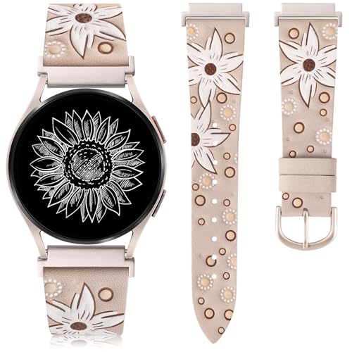Minyee Leather Bands Compatible with Samsung Galaxy Watch 7 Band 40mm 44mm/Watch 6 5 4 40mm 44mm/Galaxy Watch Band 42mm, Galaxy Watch FE, Embossed Sunflower Pattern Chic Cream Strap 20mm Watch Band