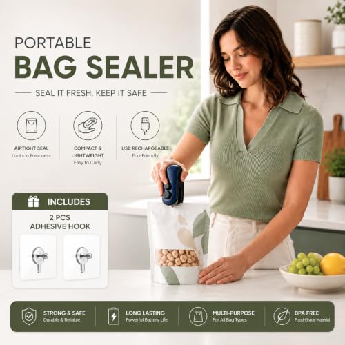Image of MODORA 2-in-1 Mini Sealing Machine with Cutter - Handheld Heat Sealer & Packet Sealer for Food, Chips, Snacks | USB Type-C Rechargeable, Magnetic, Airtight Seal | No Preheating + 2 WALL HOOKS