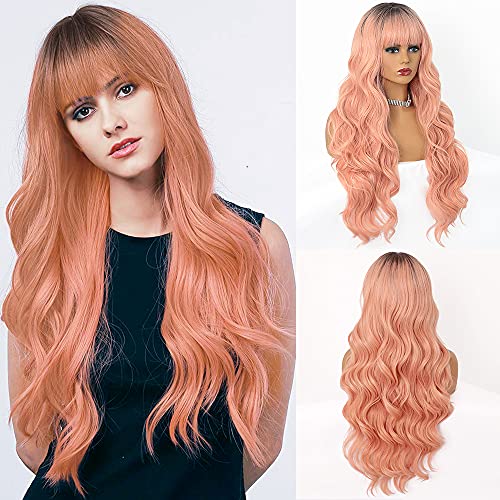 Nnzes Long Wavy Wigs with Bangs 28 Inches Lovely Pink Wig for Women Girl's Synthetic Heat Resistant Fiber Hair for Cosplay Party Wear