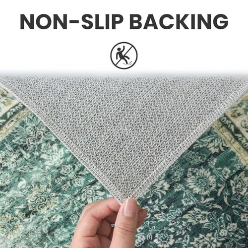 2x6 Green Blue Washable Runner Rug for Hallways, Soft Classic Kitchen Rugs with Non-Slip, Non-Shedding Distressed Floral Carpet for Entryway Bedroom Bathroom Laundry Indoor