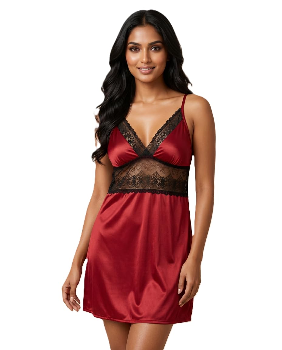 Babydoll Lingerie Set with Floral Lace Mesh Chemise, Sexy Nightwear, Adjustable Spaghetti Straps, Soft Sleepwear, Romantic Honeymoon Dress, Lingerie, Mini Chemise for Women - Maroon-picture-47