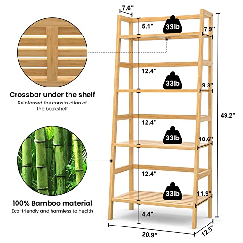Homykic Ladder Bookshelf, 4-Tier Bamboo Ladder Shelf 49.2” Book Shelf Bookcase Floor Freestanding Bathroom Storage Rack Plant Stand For Home Office, Bedroom, Living Room, Easy To Assemble, Natural #TOP4