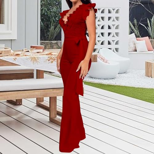 Image of PaladMom Womens Elegant Plus Size Jumpsuits Sexy Back zipper Short Sleeve Mid Waist Wide Leg Straight Rompers
