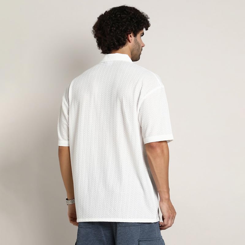 Image of CAHOOT Men's Oversized Shirt for Casual Wear | Cuban Collar | Short Regular Sleeves | Button Closure | Oversized Shirt Crafted with Comfort Fit for Everyday Wear
