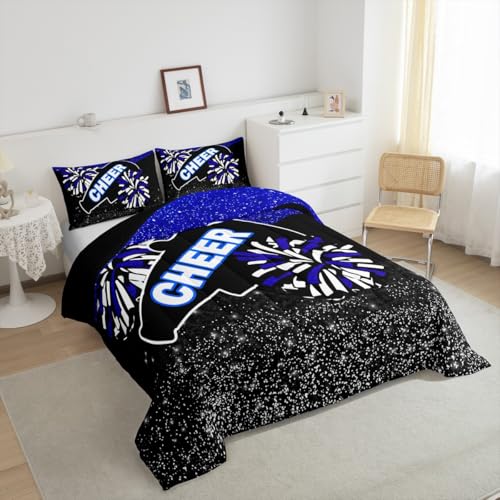 Image of Feelyou Blue Cheer Comforter Set Dreamy Girly Gymnastic Sports Comforter for Kids Boys Girls Gymnastics Lovers Bedding Set Glitter Cheer Sports Duvet Set Room Decor Quilt Full Size Boys