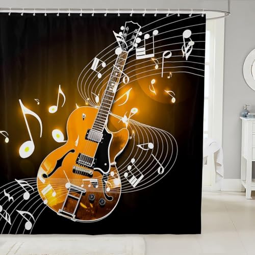 Duschvorhang Orange Gitarre 3D Duschvorhang 120 x 200 cm Musiknoten Shower Curtain Antischimmel Badezimmer Vorhang Wasserdicht Duschvorhänge Waschbar Bad Vorhäng für Badewanne mit 8 Haken U850