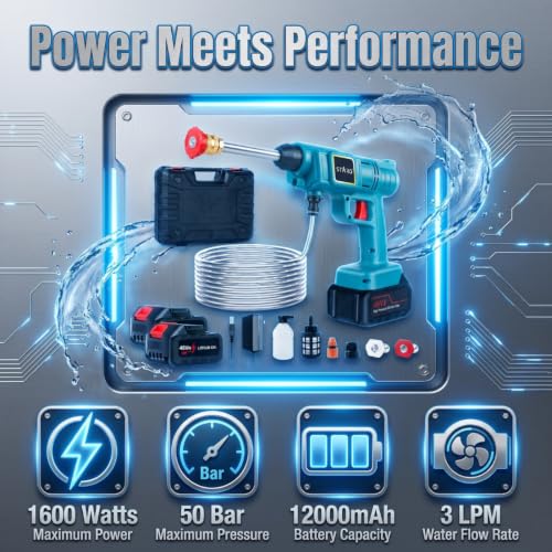Image of Starq TurboFlow Cordless Portable 48V Wireless Pressure Washer Gun - 12000mAh High Pressure Water Gun for Car and Bike Wash, Brushless Motor, 5M Hose Pipe, Double Battery Included