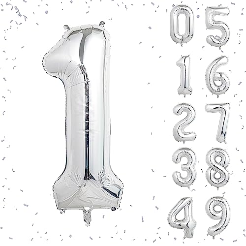 Image of 40 Inch Silver Number Balloons, Helium Mylar Foil Number Balloons for Birthdays, Number 1 Balloon for Party Wedding Bachelorette Birthday Bridal Shower Anniversary Celebration Party Decorations