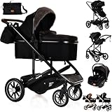 3 in 1 Baby Pram Travel System with Car Seat Lightweight Buggy Foldable Pushchair for Newborn and Toddlers up to 22kg New 2025 Style (Black - Black)