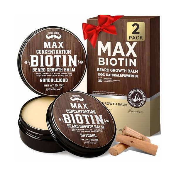 2 Pack Biotin Beard Balm Set for Men – Natural & Sandalwood Butters – Non-Itchy, Moisturize, Strengthen & Shape Beards – Grooming Gift Set for Father’s Day, Anniversaries, Christmas