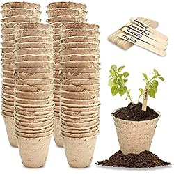 Macetas Fibra De Vidrio Imitacion Madera Macetas redondas de fibra biodegradable para plantar, macetas grandes de fibra para decoración, macetas de semillas para interior y exterior y con palitos de madera para etiquetar - (Paquete de 100)