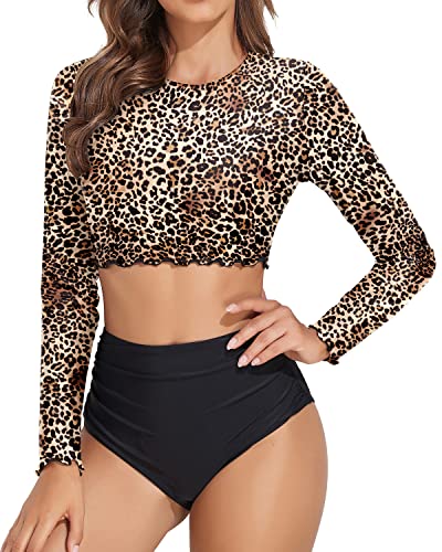 Yonique Damen Rash Guard Langarm Badeanzug Crop Badeoberteil mit Shorts Zweiteilige Badeanzüge, leopard, Medium Cover