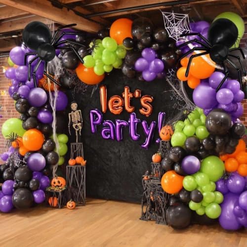 Image of Black Purple Balloon Arch Double Stuffed Latex Orange Green Metallic Purple Black Balloon Garland for Halloween Thanksgiving Wednesday Birthday Vampire Retirement Prom Decor