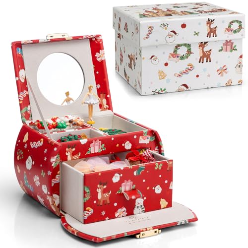 Vlando Christmas Gifts, Girls Jewellery Box with Ballerina, Music Box with Gift Box, for Kids, Childrens, Womens (Christmas Printed-Red) C.red