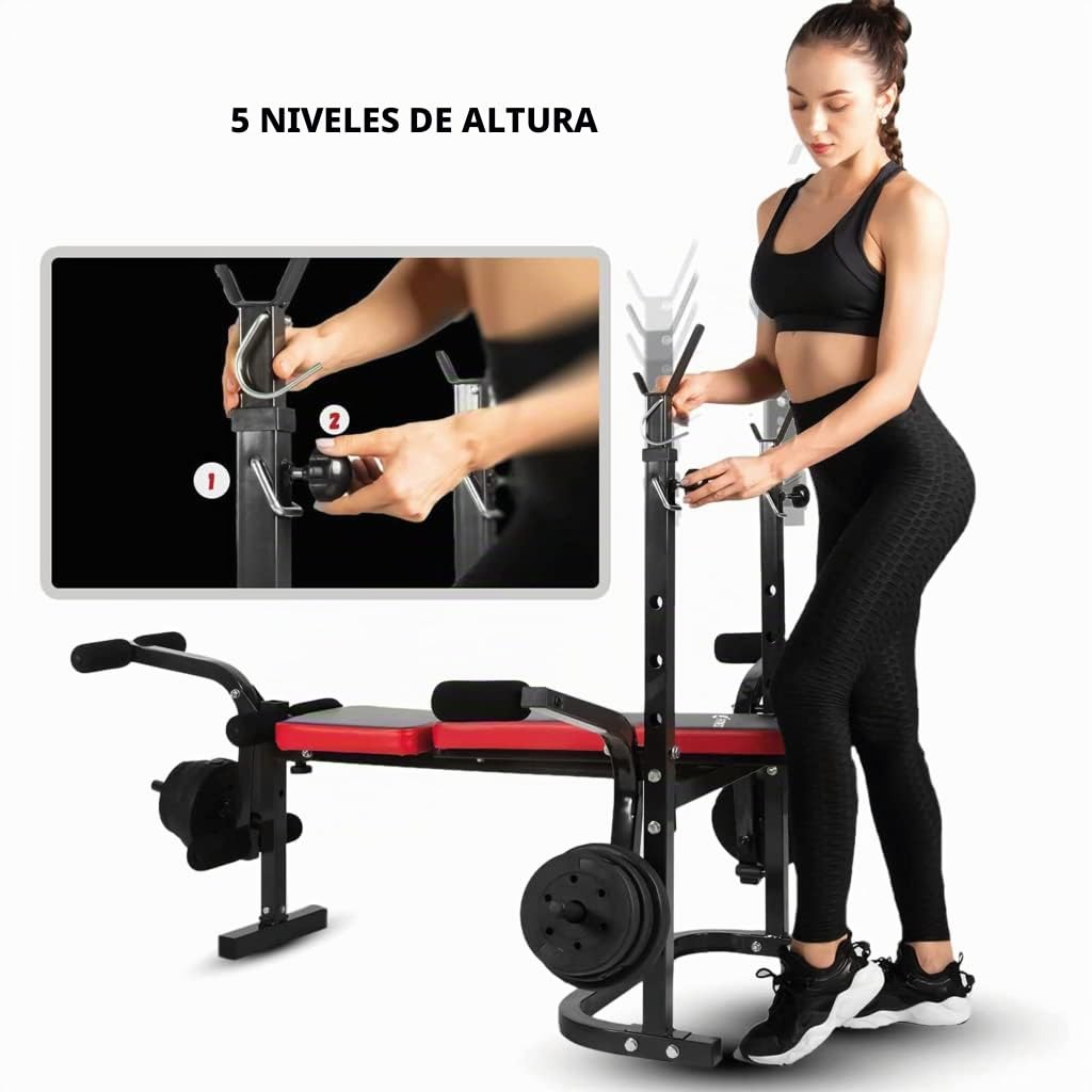 FFitness - Banco de pesas plegable - Multifunción - Ideal para entrenar - Banco de pesas para trabajar pectorales con soporte de barra y respaldo ajustable