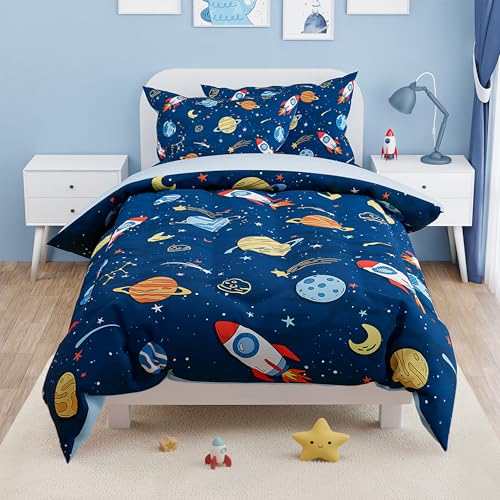 Image of SANDJEST Outer Space Comforter Set Full Size 98x86in for Kids Boys, Microfiber 4 Pcs Bedding Set Includes 1 Comforter, 2 Pillowcases, 1 Fitted Sheet, Nursery Room Decor