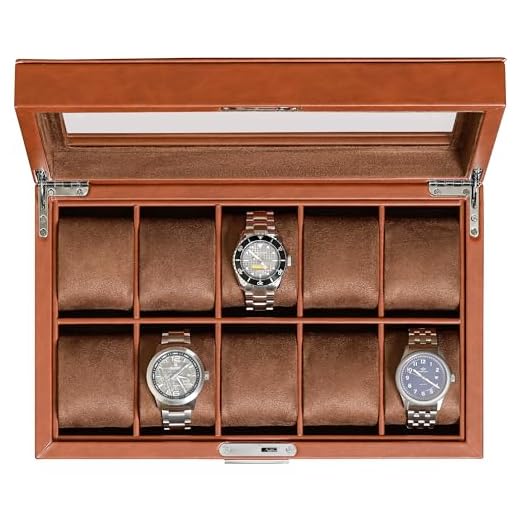 ROTHWELL 10 Slot Leather Watch Box - Luxury Watch Case Display Jewelry Organizer - Locking Watch Display Case Holder with Large Glass Top - Watch Box Organizer for Men and Women (Tan/Brown)