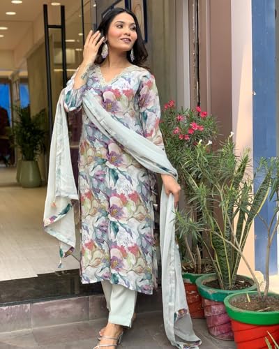Image of GoSriKi Women's Cotton Blend Straight Printed Kurta with Pant & Dupatta
