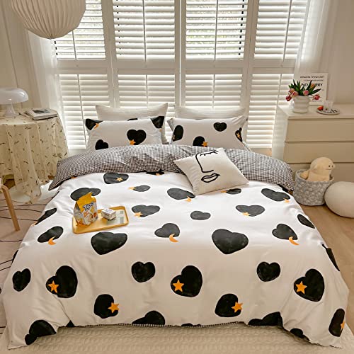 Blueblue Hearts Kids Duvet Cover Set Queen 100% Cotton Bedding For Boys Girls Teens Black Heart Yellow Star Moon Pattern On White 1 Love Full Comforter Cover 2 Pillow Shams (Queen) #TOP17