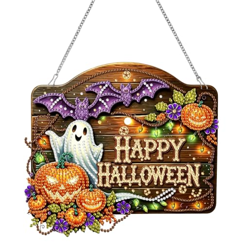Happy Halloween Banner,DIY Diamond Art for Halloween Decor,Black Cat Ghost Hanging Ornament,Suncatcher Kit for Indoor Home/Front Door/Wall Decorations