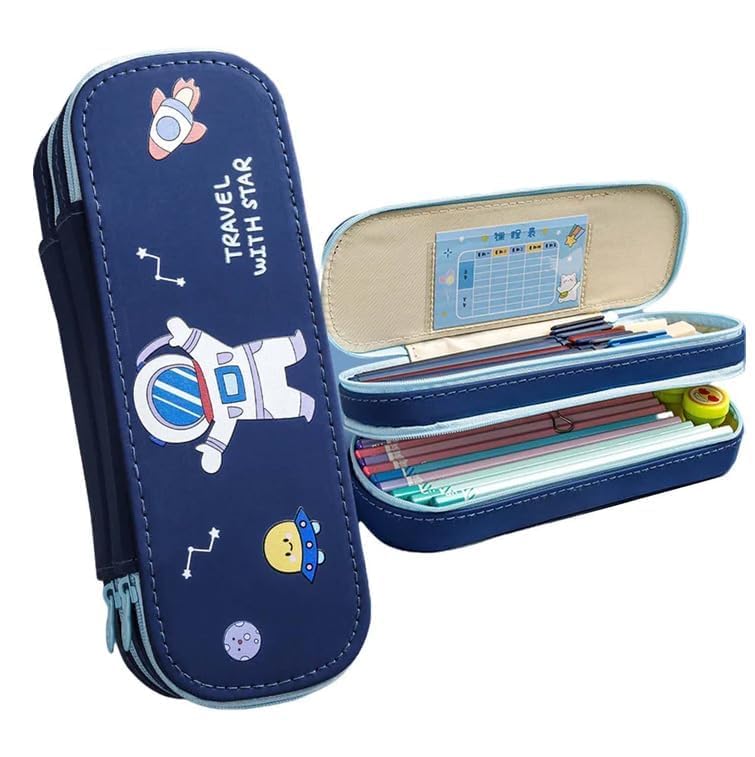 Image of PU Leather Pencil Case with Zipper, Large Capactiy Pouch Stationary Bag Storage Bag Makeup Bag for School, Office (Blue)