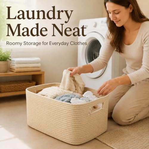 Image of 22.8GAL Xl Extra Large Laundry Basket for Bathroom, Dorm dirty Clothes, Sturdy Portable Aesthetic Boho Cute Woven Storage Shoes Blanket Baskets for Living Room Decor Girls Boys Pets Toys Oatmeal