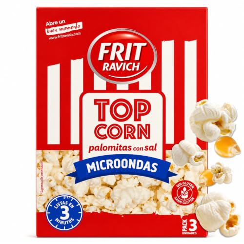 Palomitas Saladas Microondas Frit Ravich, Palomitas de maíz saladas, Elaboradas con maíz especial para palomitas, grasa vegetal de palma y sal, Sin gluten, Vegano, Pack 3 Unidades de 90 gr