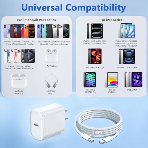 Image of iPhone 17 16 Charger Fast Charging,Apple iPhone USB C Fast Charger Block,6FT Type C USB C to C Woven Cable Cord for iPhone 17e /17 /17 Pro Max /17 Pro /Air /16 Pro Max /16 Pro /15 Pro Max,iPad Pro /Air /Mini