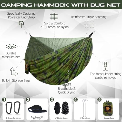 Image of Camping Hammock, Portable Hammocks with Mosquito Net,Lightweight Nylon Parachute Hammock with 10ft Tree Straps,Camping Gear Must Haves for Travel,Hiking,Backpacking,Beach,Patio-Plaid Camouflage