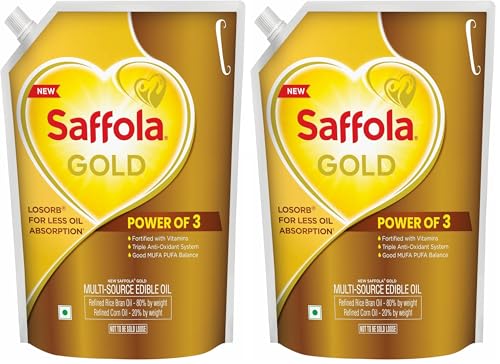 Image of Saffola Gold Refined Cooking oil | Power of 3 - Balance of Good Fats, Triple Anti-Oxidant System & Fortified with Vitamins | Multi-Source Edible Rice Bran & Corn Oil | 3 Litre Standee pouch
