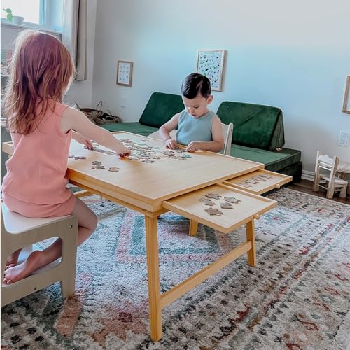 TEAKMAMA 1500 Piece Wooden Jigsaw Puzzle Board with 4 Drawers, Folding Puzzle Table with Protective Cover, Jigsaw Board with Legs, Multifunctional Game Table for Adults, 34W x 26.3D, Natural - Thumbnail 3