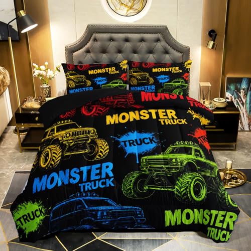 QOOMO Black Truck Comforter Full Size,Cars Kids Comforter Set