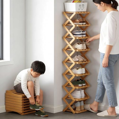 The 9-Tier No-Assembly Bamboo Rack – Foldable Shoe Rack, Space-Saving