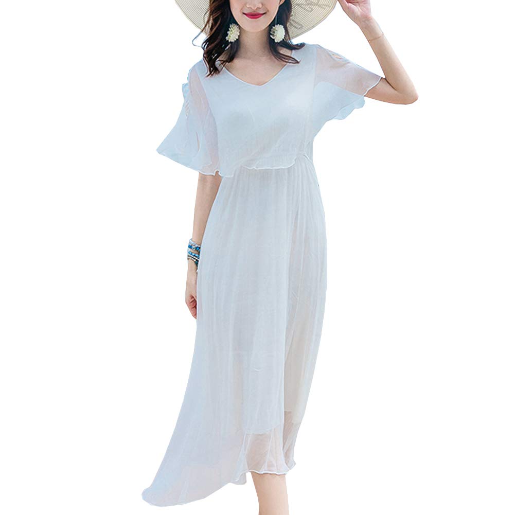 DISSA Damen Solide Seiden Kleid Ohne Arm V-Ausschnitt 100% Seiden Langes Seiden Kleid