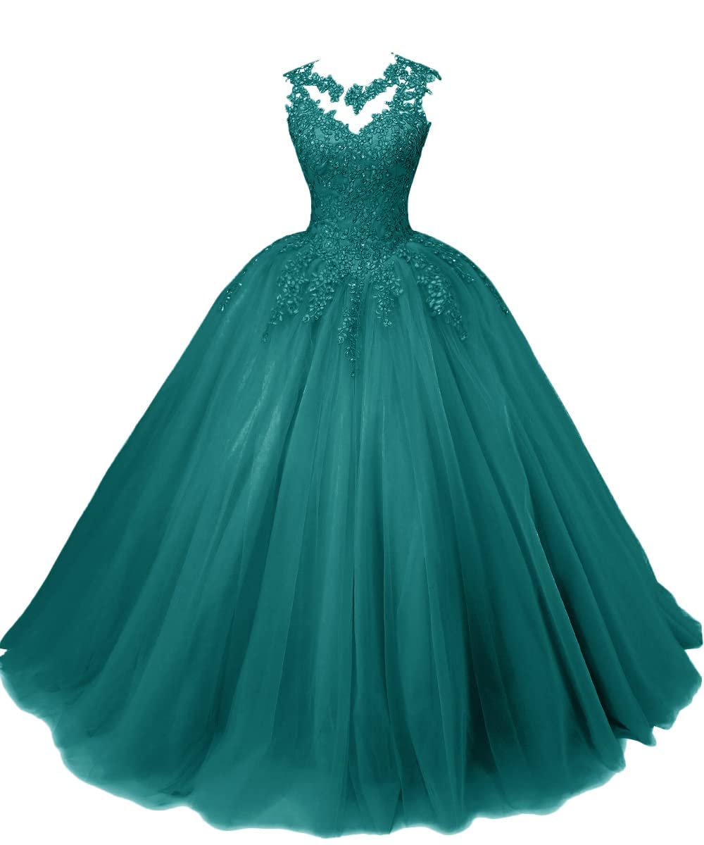 HUINI Ballkleider Lang Spitze Tüll Quinceanera Kleid A-Linie Prinzessin Abschluss Ballkleid Mädchen Abendparty Kleid