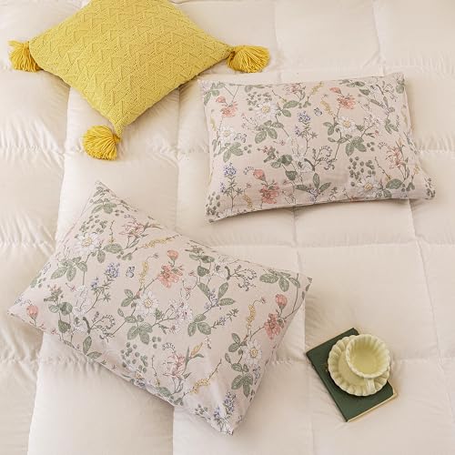 Image of ECOCOTT 2 Pack Floral Pillowcases Standard Size, 100% Washed Cotton Pillow Cases with Envelope Closure, Vintage Botanical Flower Printed Pillow Covers