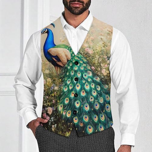 Beautiful Peacock Suit Vest for Men Waistcoat Dressy V Neck Button Down Sleeveless Business Jacket Coat4